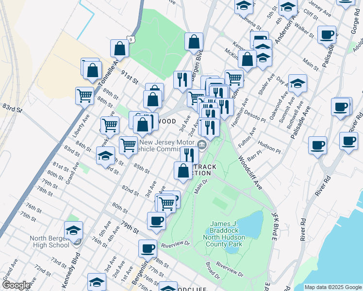 map of restaurants, bars, coffee shops, grocery stores, and more near 705 90th Street in North Bergen