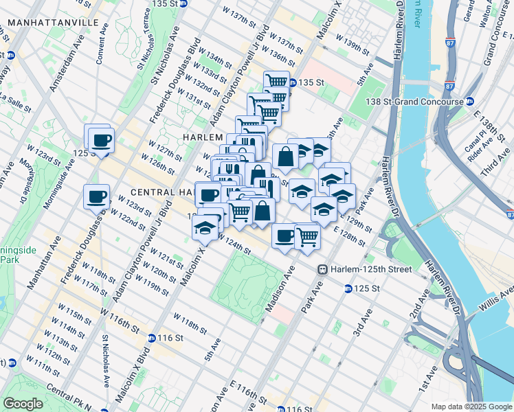 map of restaurants, bars, coffee shops, grocery stores, and more near 44 West 127th Street in New York