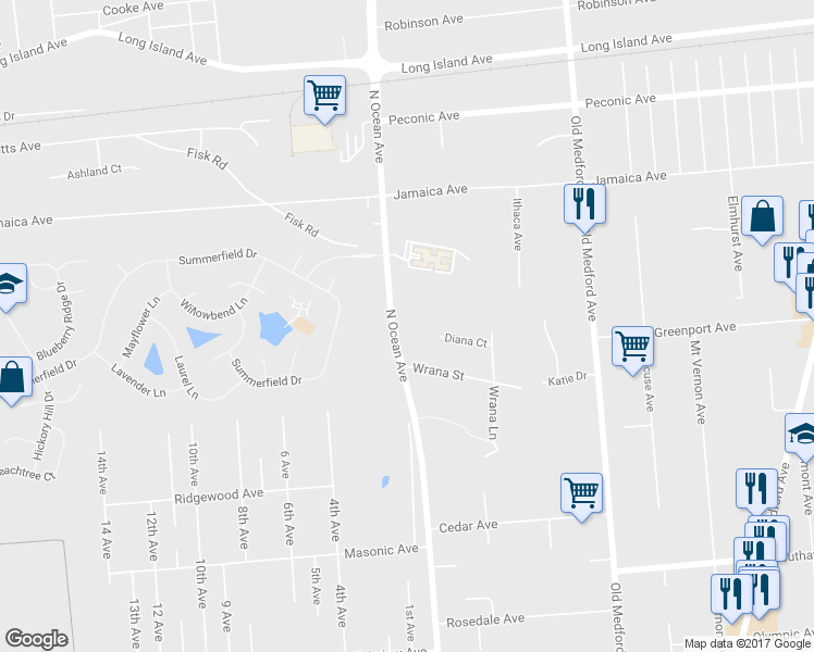 map of restaurants, bars, coffee shops, grocery stores, and more near 1447 North Ocean Avenue in Medford