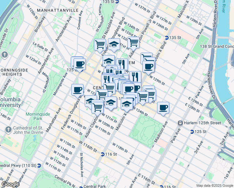 map of restaurants, bars, coffee shops, grocery stores, and more near 144 West 125th Street in New York