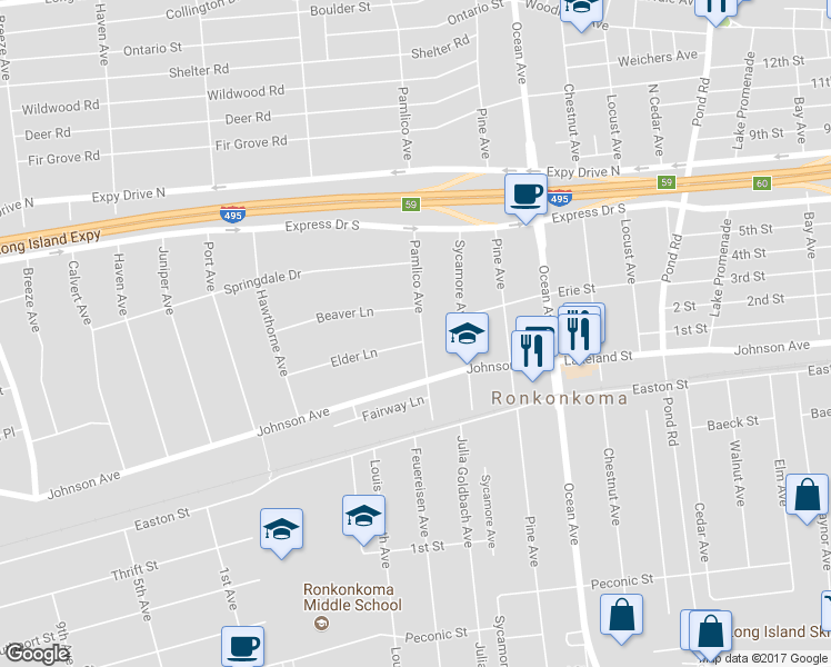 map of restaurants, bars, coffee shops, grocery stores, and more near 56 Pamlico Avenue in Ronkonkoma