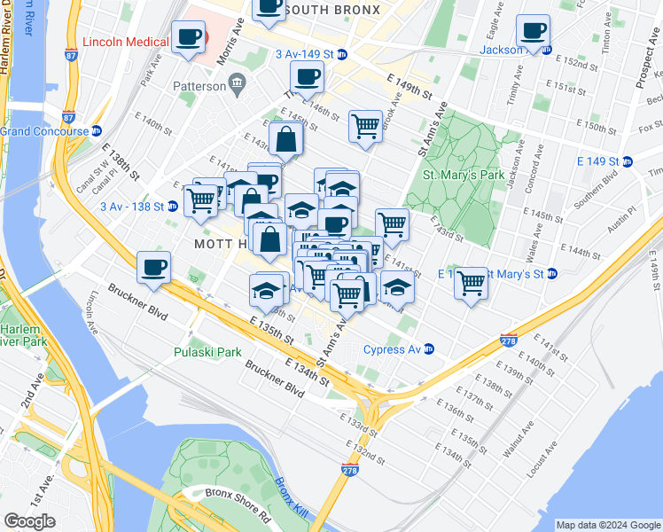 map of restaurants, bars, coffee shops, grocery stores, and more near in The Bronx
