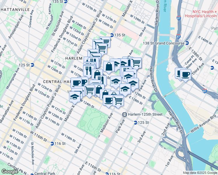 map of restaurants, bars, coffee shops, grocery stores, and more near 2 West 129th Street in New York