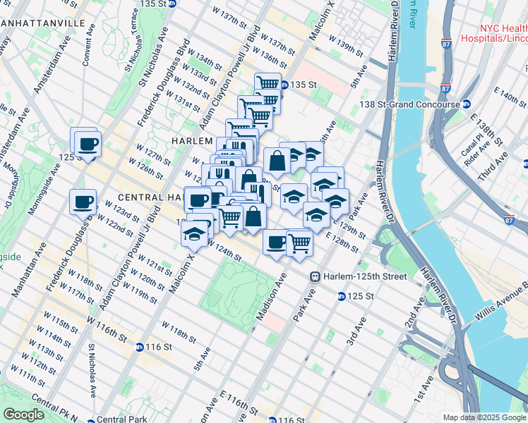 map of restaurants, bars, coffee shops, grocery stores, and more near 34 West 128th Street in New York
