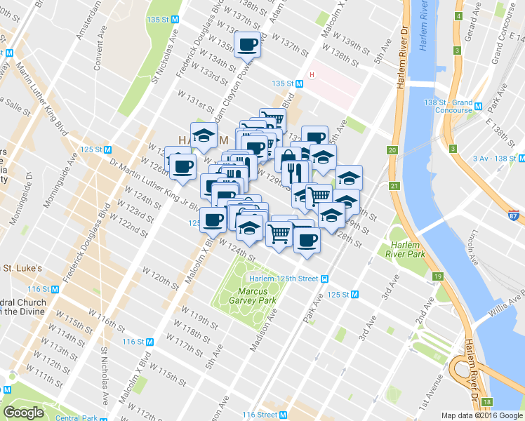 map of restaurants, bars, coffee shops, grocery stores, and more near 34 West 128th Street in New York