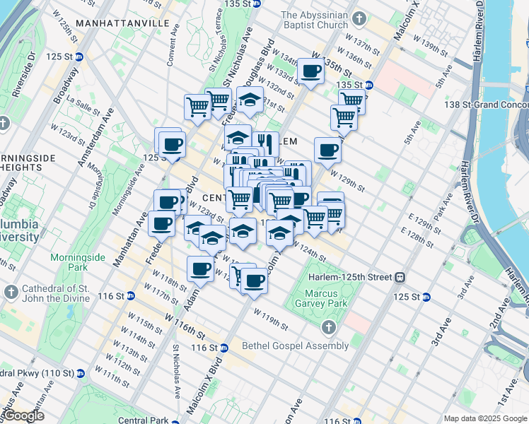 map of restaurants, bars, coffee shops, grocery stores, and more near 2105 Adam Clayton Powell Junior Boulevard in New York
