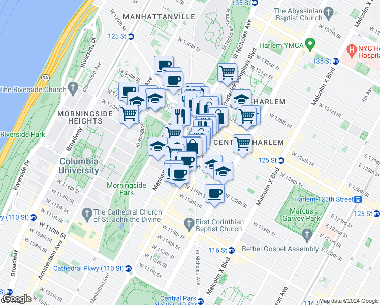map of restaurants, bars, coffee shops, grocery stores, and more near 540 Manhattan Avenue in New York