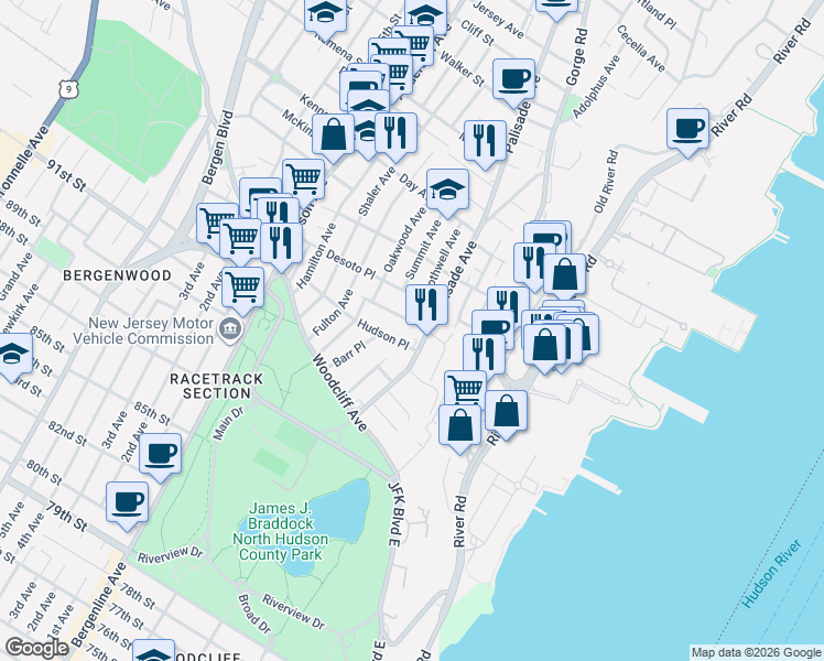 map of restaurants, bars, coffee shops, grocery stores, and more near 210 Desoto Place in Cliffside Park