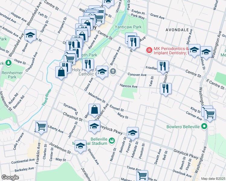 map of restaurants, bars, coffee shops, grocery stores, and more near 50 Passaic Avenue in Nutley