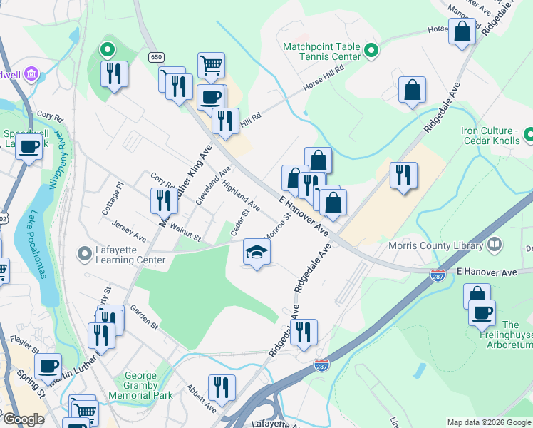 map of restaurants, bars, coffee shops, grocery stores, and more near 245-251 East Hanover Avenue in Morristown