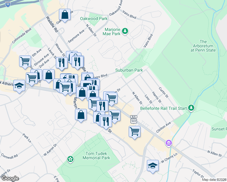 map of restaurants, bars, coffee shops, grocery stores, and more near 133-149 Suburban Avenue in State College