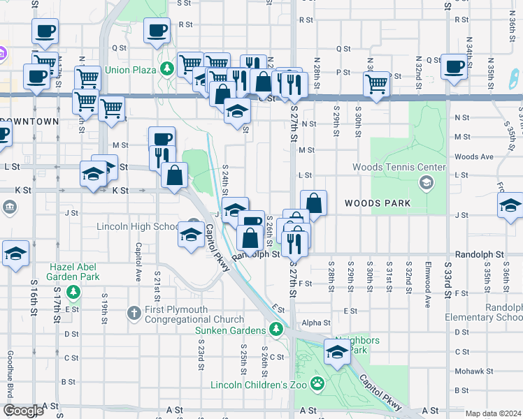 map of restaurants, bars, coffee shops, grocery stores, and more near 503 South 26th Street in Lincoln