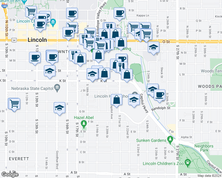 map of restaurants, bars, coffee shops, grocery stores, and more near 2051 K Street in Lincoln