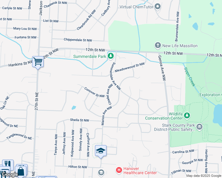 map of restaurants, bars, coffee shops, grocery stores, and more near 1104 Summerdale Avenue Northwest in Massillon