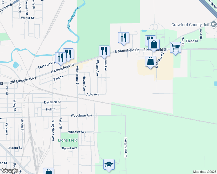 map of restaurants, bars, coffee shops, grocery stores, and more near 208 Penn Avenue in Bucyrus