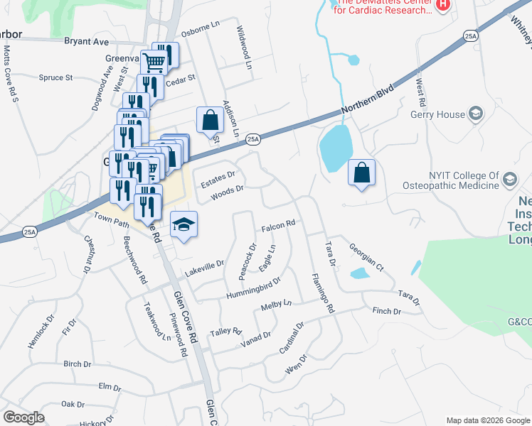 map of restaurants, bars, coffee shops, grocery stores, and more near 14 Tara Drive in Roslyn