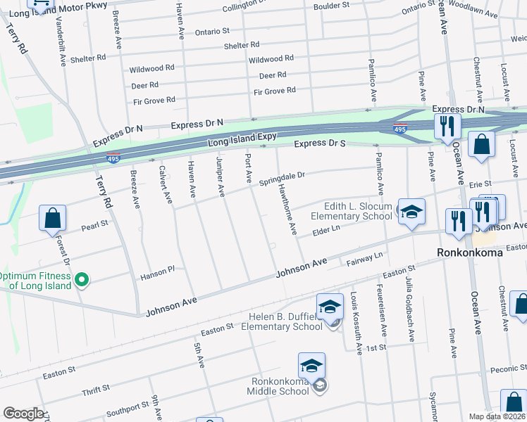 map of restaurants, bars, coffee shops, grocery stores, and more near 71 Port Avenue in Ronkonkoma