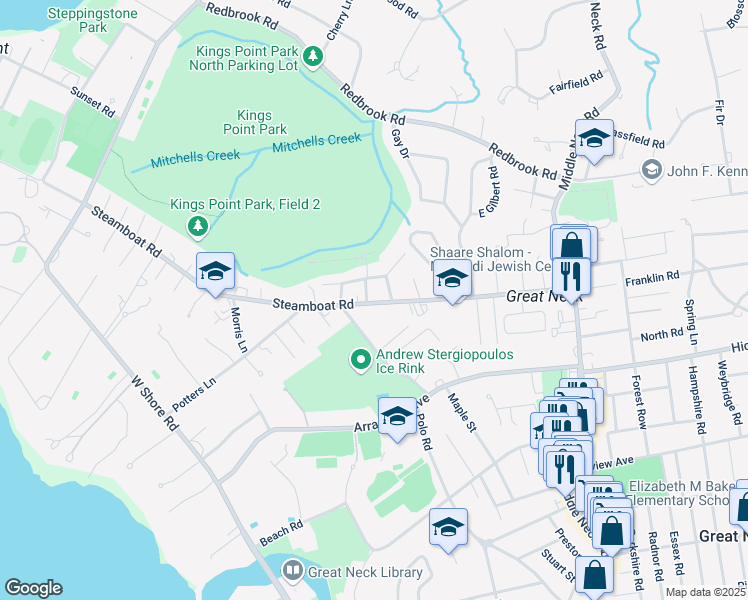 map of restaurants, bars, coffee shops, grocery stores, and more near 85 Steamboat Road in Great Neck