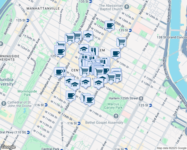 map of restaurants, bars, coffee shops, grocery stores, and more near 132 West 125th Street in New York