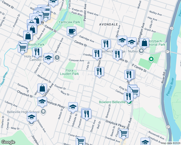 map of restaurants, bars, coffee shops, grocery stores, and more near 53 Yale Street in Nutley