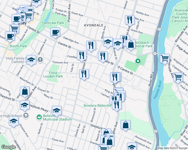 map of restaurants, bars, coffee shops, grocery stores, and more near 26 Witherspoon Street in Nutley
