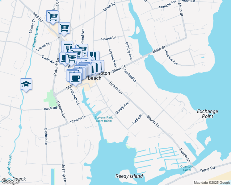 map of restaurants, bars, coffee shops, grocery stores, and more near 29 Beach Lane in Westhampton Beach