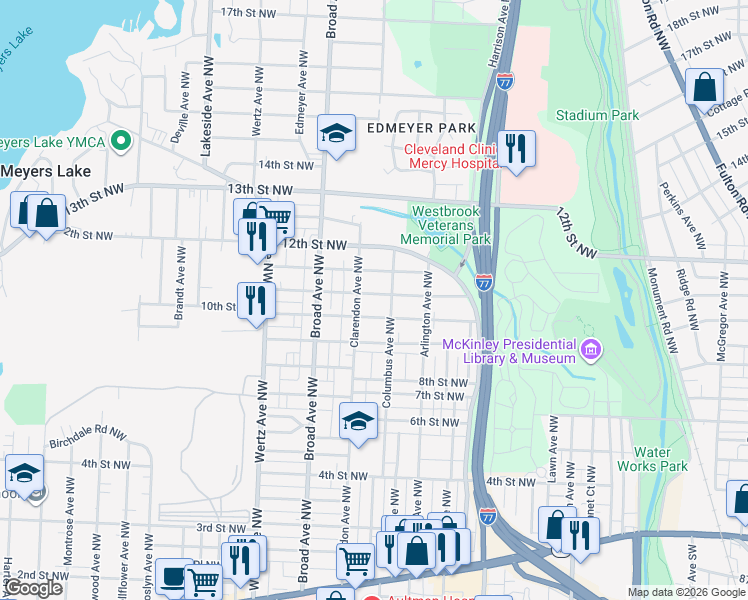 map of restaurants, bars, coffee shops, grocery stores, and more near 2506 Nicholas Place Northwest in Canton