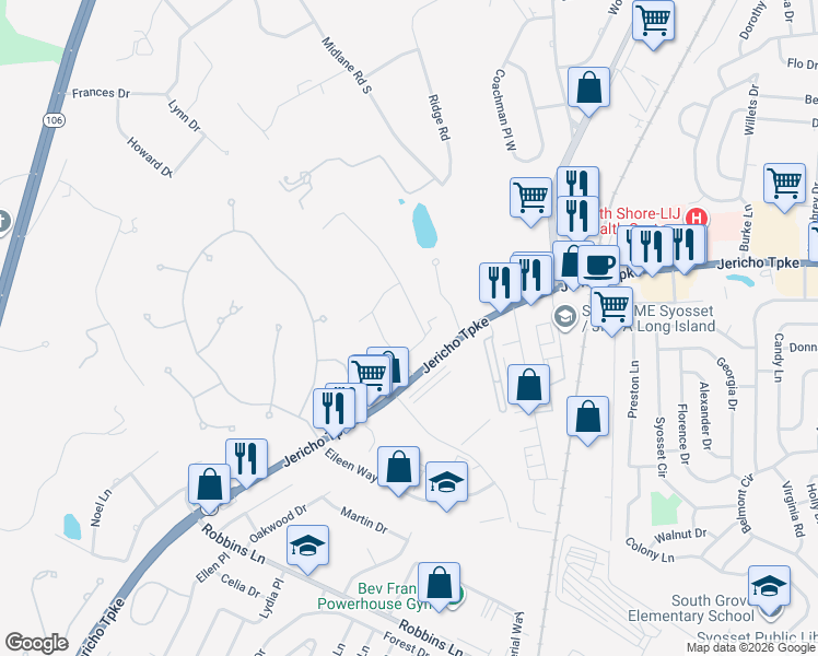 map of restaurants, bars, coffee shops, grocery stores, and more near 70 Stirrup Lane in Syosset
