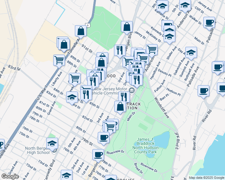 map of restaurants, bars, coffee shops, grocery stores, and more near 8822 89th Street in North Bergen