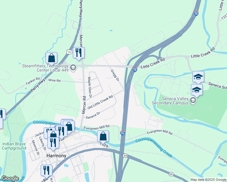 map of restaurants, bars, coffee shops, grocery stores, and more near 110 Gregg Drive in Harmony