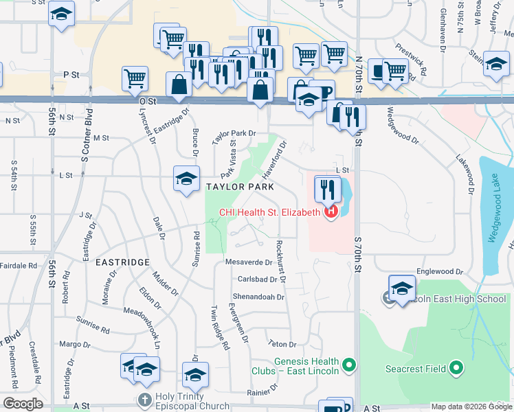 map of restaurants, bars, coffee shops, grocery stores, and more near 501 Haverford Circle in Lincoln