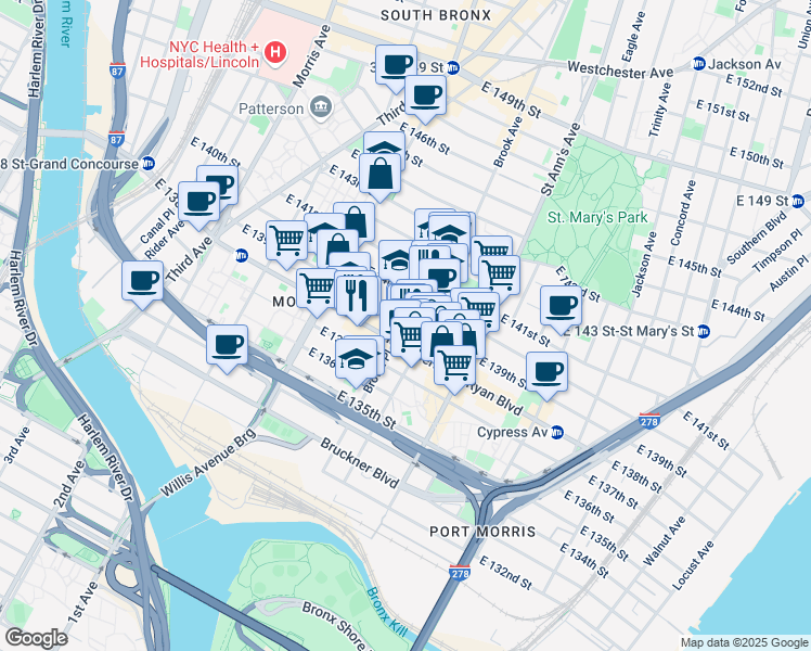 map of restaurants, bars, coffee shops, grocery stores, and more near 488 East 139th Street in Bronx