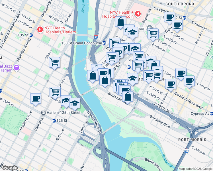 map of restaurants, bars, coffee shops, grocery stores, and more near 258 East 135th Street in The Bronx