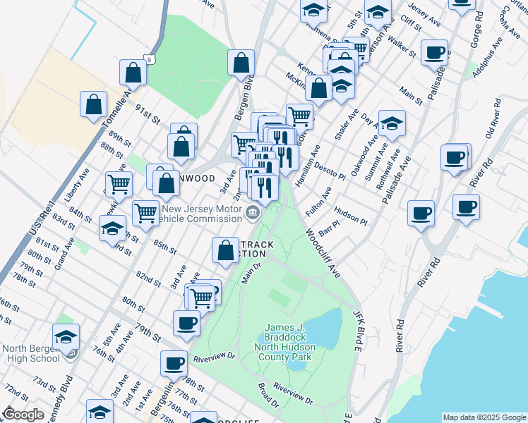 map of restaurants, bars, coffee shops, grocery stores, and more near 328 90th Street in North Bergen