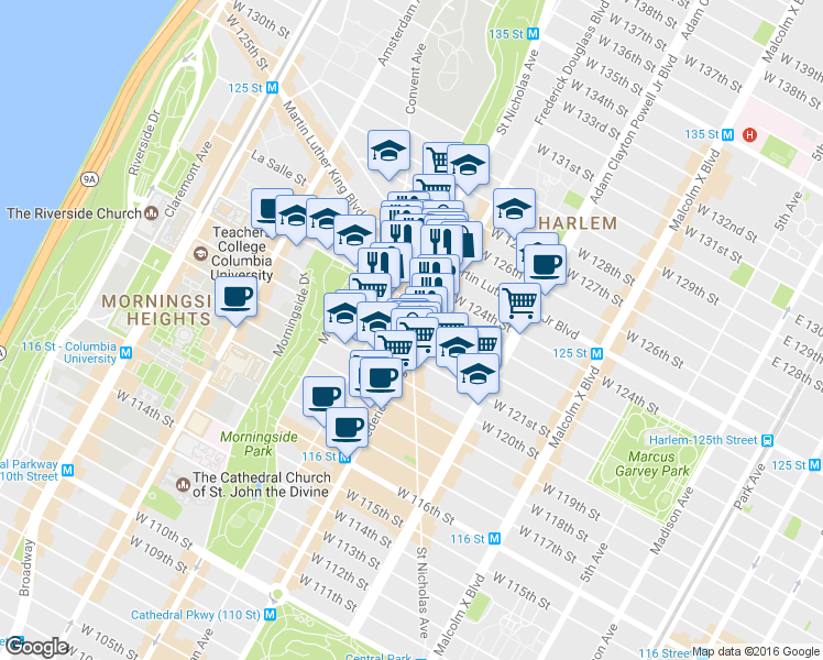 map of restaurants, bars, coffee shops, grocery stores, and more near St Nicholas Ave & W 122nd St in New York