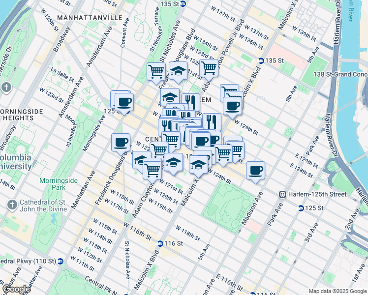 map of restaurants, bars, coffee shops, grocery stores, and more near 2105 Adam Clayton Powell Junior Boulevard in New York