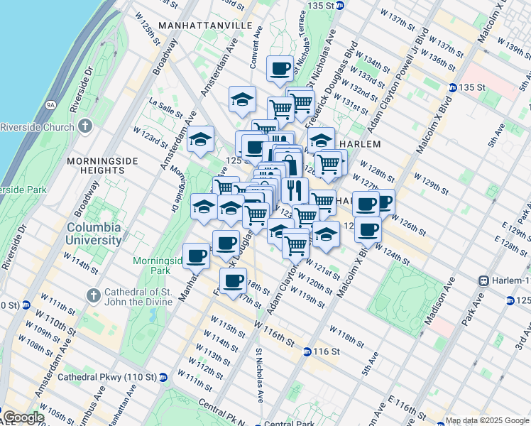 map of restaurants, bars, coffee shops, grocery stores, and more near 2296 Frederick Douglass Boulevard in New York