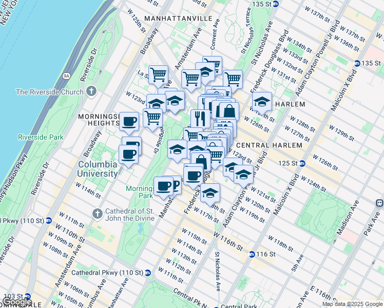 map of restaurants, bars, coffee shops, grocery stores, and more near 342 West 122nd Street in New York