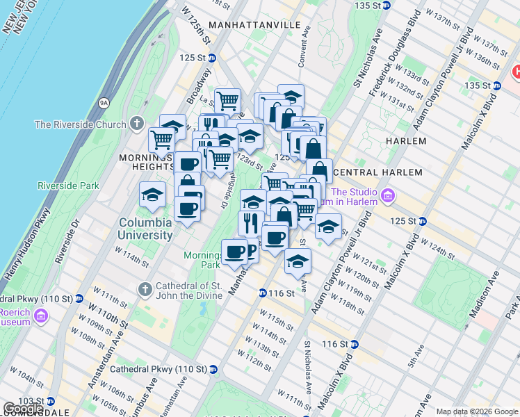 map of restaurants, bars, coffee shops, grocery stores, and more near in New York