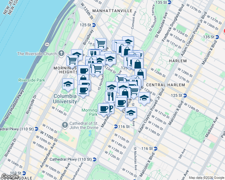 map of restaurants, bars, coffee shops, grocery stores, and more near in New York