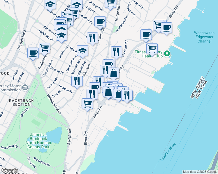 map of restaurants, bars, coffee shops, grocery stores, and more near 1011 Hudson Park in Edgewater