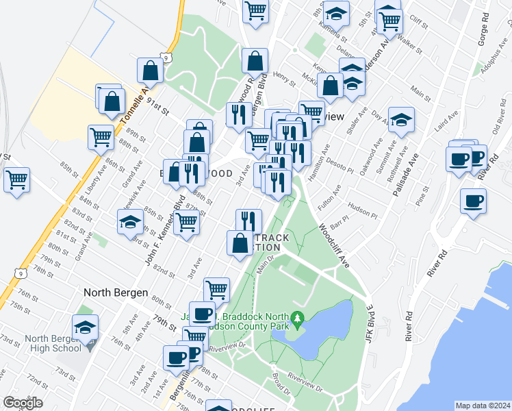 map of restaurants, bars, coffee shops, grocery stores, and more near 705 90th Street in North Bergen