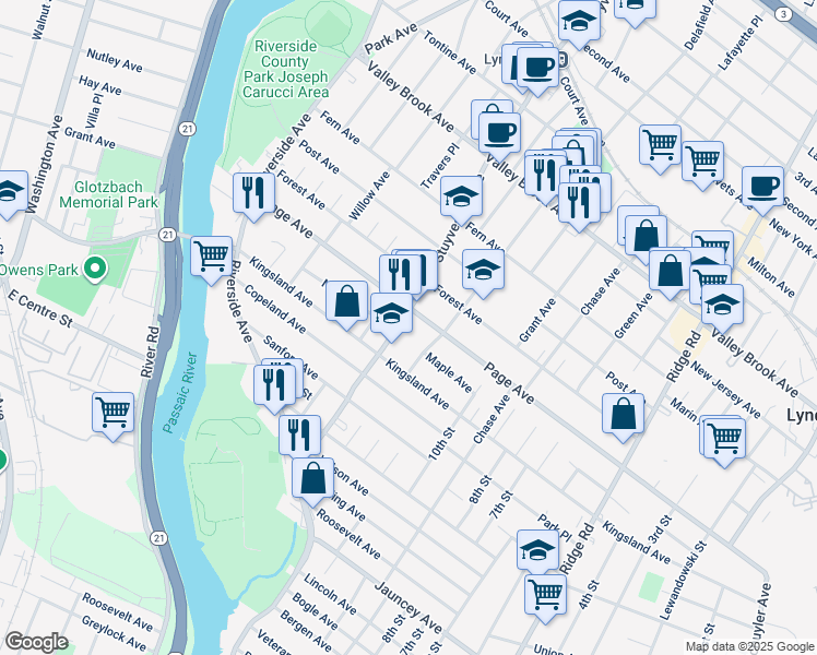 map of restaurants, bars, coffee shops, grocery stores, and more near 484 Stuyvesant Avenue in Lyndhurst
