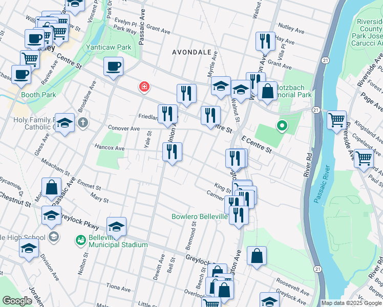 map of restaurants, bars, coffee shops, grocery stores, and more near 26 Witherspoon Street in Nutley