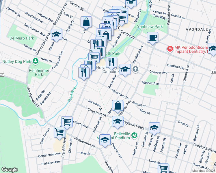 map of restaurants, bars, coffee shops, grocery stores, and more near 24 Gless Avenue in Nutley