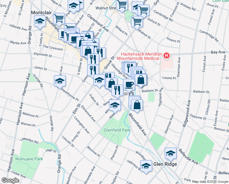 map of restaurants, bars, coffee shops, grocery stores, and more near 3 Bloomfield Avenue in Montclair