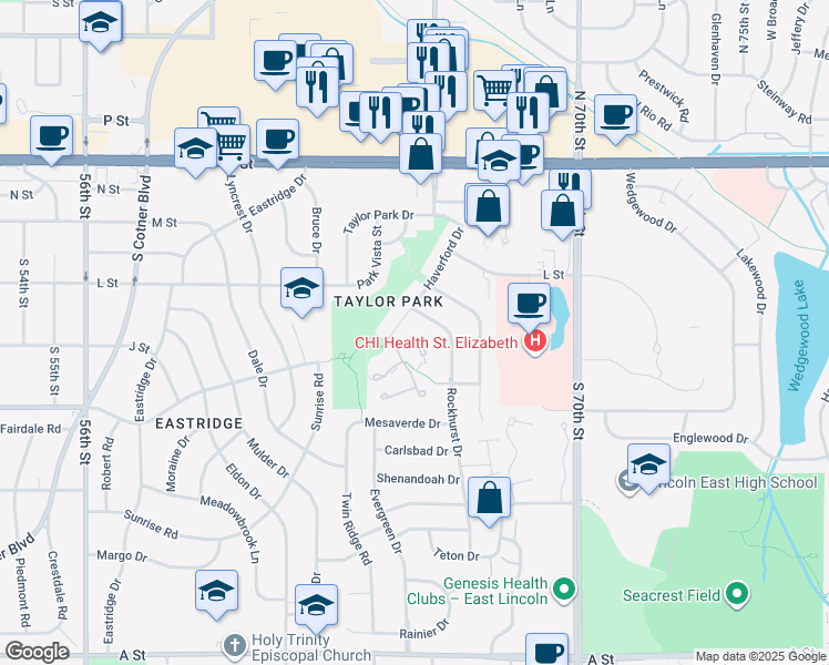 map of restaurants, bars, coffee shops, grocery stores, and more near 501 Haverford Circle in Lincoln