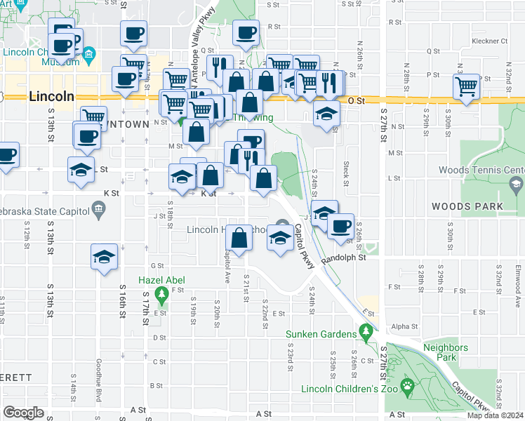 map of restaurants, bars, coffee shops, grocery stores, and more near 2123 K Street in Lincoln