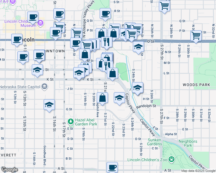 map of restaurants, bars, coffee shops, grocery stores, and more near 2123 K Street in Lincoln