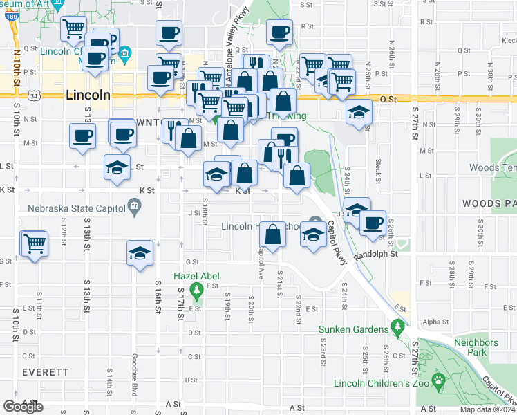 map of restaurants, bars, coffee shops, grocery stores, and more near 2051 K Street in Lincoln